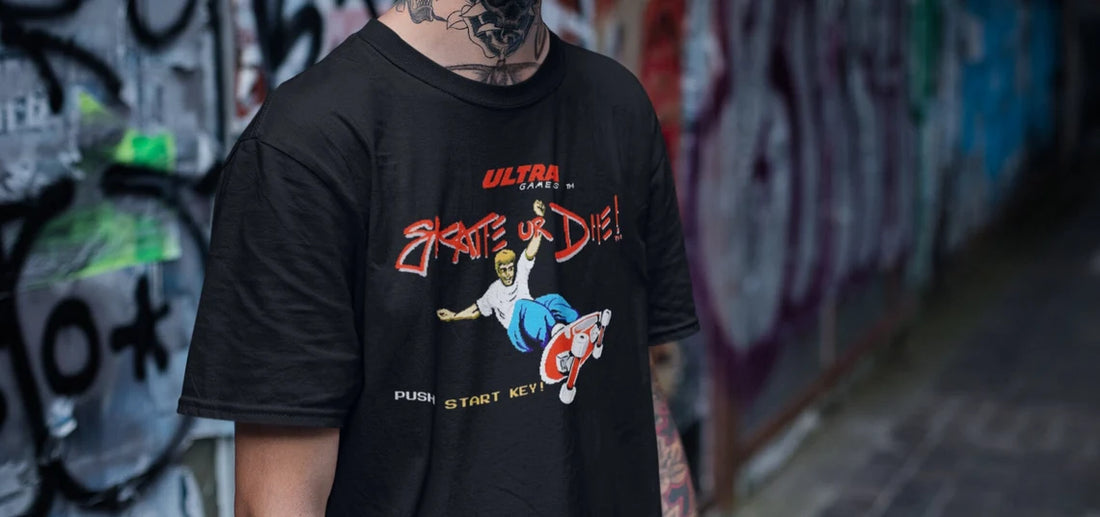 Retro Video Game and Skateboarding T-Shirt Inspired by Thrasher and Santa Cruz